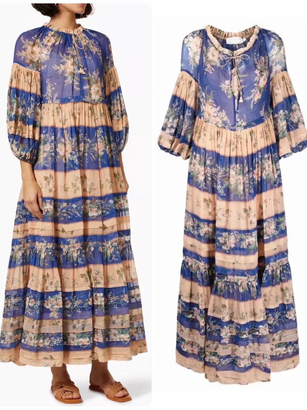 Zimmermann Moonshine Striped Midi Dress Tiered Puff Sleeve 0